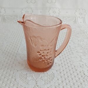 KIG Pink Glass Creamer Grape Vine Pattern Pressed Glass 12oz Small Milk Jug